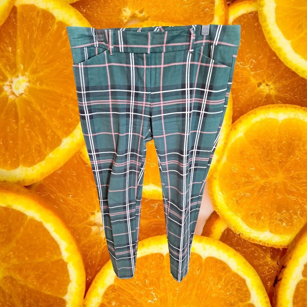 NEW YORK & COMPANY Womens Plaid Stretch Pants‎ Green Pink White Black Size 6